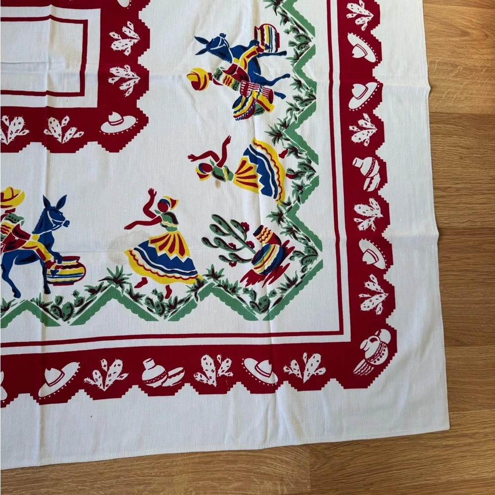 Vintage Folk Art Tablecloth with Red‎ Border